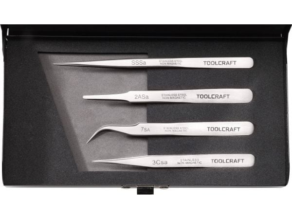 TOOLCRAFT 816747 Pincett set 4 st SS SA, 2a SA, 7 SA, 3c SA Plattrund, Spets, böjd 55°, Spets, Spets, smal