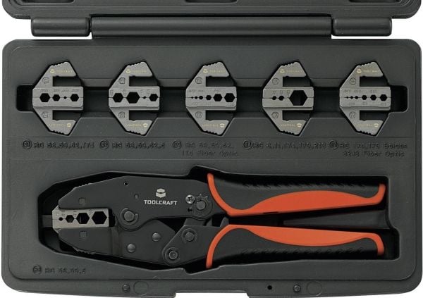 TOOLCRAFT PZ-505 818645 Crimpverktyg 7 stycken Koaxialkontakt BNC, TNC, FO-kontakt RG6, RG8, RG11, RG58, RG59, RG62, RG174, RG179, RG213, RG8218