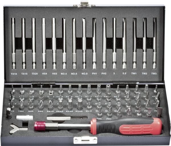 TOOLCRAFT HT02183 820952 Bitset 75 delar Knurl, Unbrako, Clutch, Tri-Wing, TORQ, Multitand (XZN), Crosscutter Pozidriv, Crosscutter Phillips, T-profil