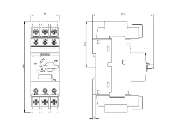 Siemens 3RV2811-1JD10 Katkaisija 1 kpl Asetusalue (virta): 10 A (max) Kytkentäjännite (max): 690 V/AC (L x K x S) 45 x 144 x 97 mm