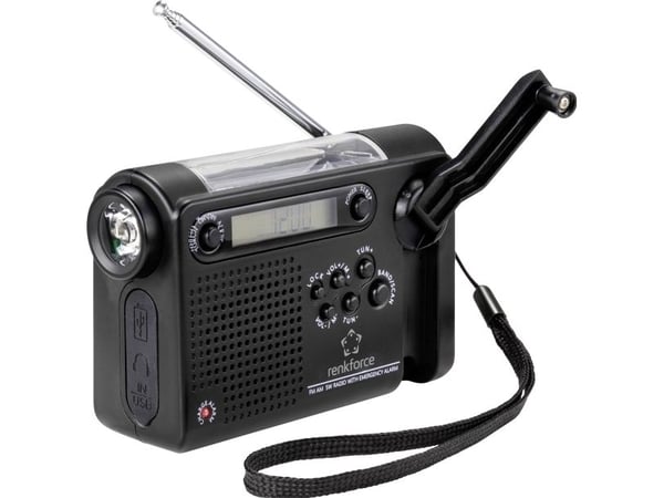 Radio budowlane Renkforce Renkforce RF-CR-200 bærbar radio FM, MW, KW oppladbar, solcellepanel, håndsveiv, alarmfunksjon, lommelykt svart (RF-4694806)