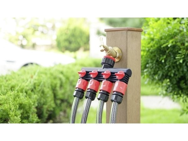 TOOLCRAFT 2302371 Plast 4-vägsfördelare 26,44 mm (3/4) AG, 33,25 mm (1) AG Vattenstopp, med reglerventil