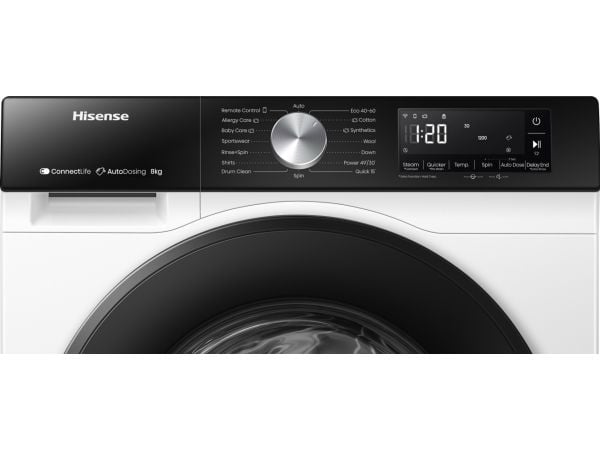Hisense WF3S8045BW3, Edestä täytettävä, 8 kg, B, 72 dB, 1400 RPM, A