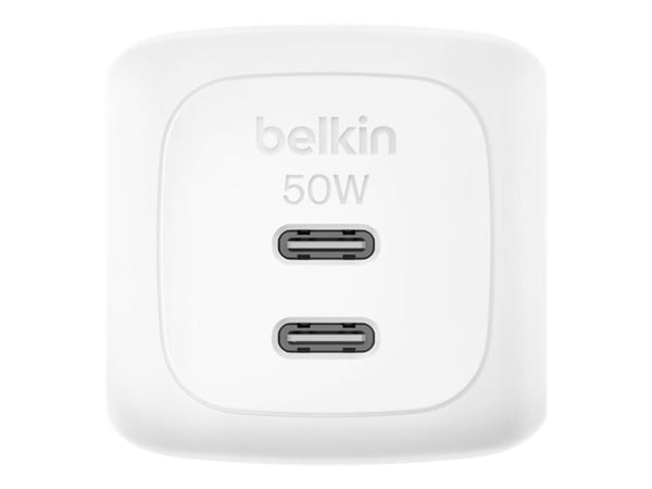 Belkin BoostCharge Pro - Strømadapter - GaN - 50 watt - Fast Charge, PD 3.1/PPS - 2 utgangskontakter (2 x USB-C) - hvit