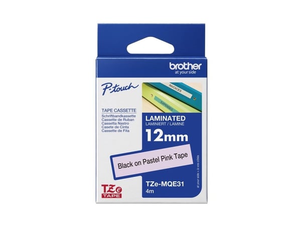 Brother TZe-MQE31 merketape – svart på pastellrosa 12 mm x 4 m