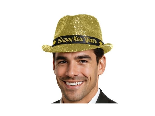 Happy New Year hat, guld pailletter