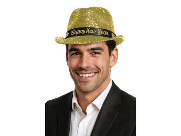 Happy New Year hat, guld pailletter