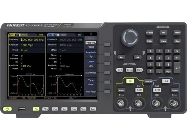 VOLTCRAFT FG-30802T funksjonsgenerator nettdrevet 1 µHz - 80 MHz 2-kanals vilkårlig, støy, puls, firkant, sinus, trekant (FG-30802T)