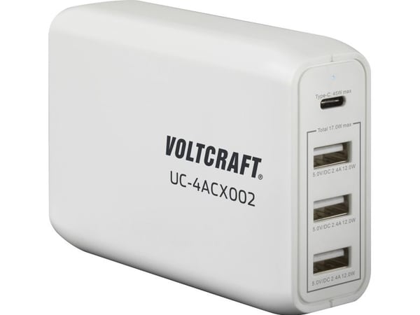VOLTCRAFT UC-4ACX002 VC-11744745 USB-laderkontakt Utgangsstrøm (maks.) 3400 mA 4 x USB, USB-C™-kontakt (strømforsyning) (VC-11744745)