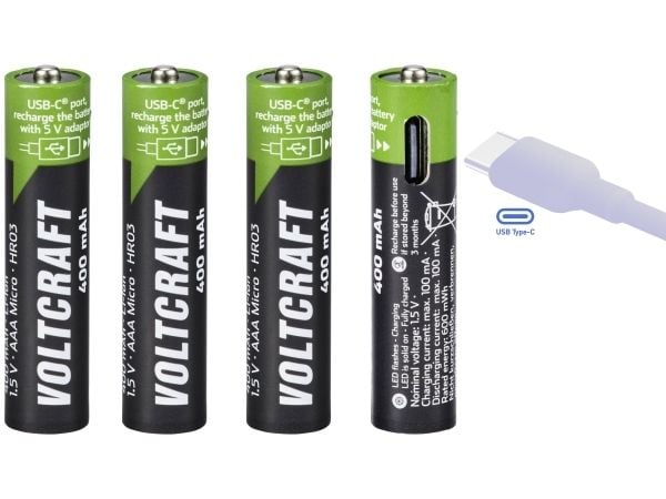 VOLTCRAFT VC-AAA400USB USB-C® akku R03 (AAA) Lataus USB:llä Litium 1,5 V 400 mAh