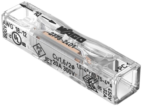 WAGO PUSH WIRE® Inline fjedersamlemuffe til entrådede og flertrådede ledere maks. 4 mm² 2-leder gennemsigtigtigt hus - (100 stk.)