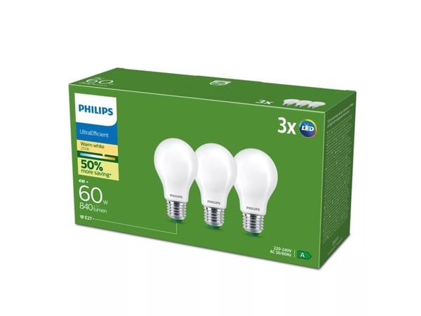 Philips Filamenttilamppu huurrettu 60W A60 E27 x3, 4 W, 60 W, E27, 840 lm, 50000 h, Lämmin valkoinen