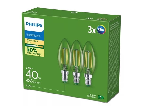 Philips Filament mignonpære klar, 40 W, B35, E14 x3, 2,3 W, 40 W, E14, 485 lm, 50000 timer, Varm hvit