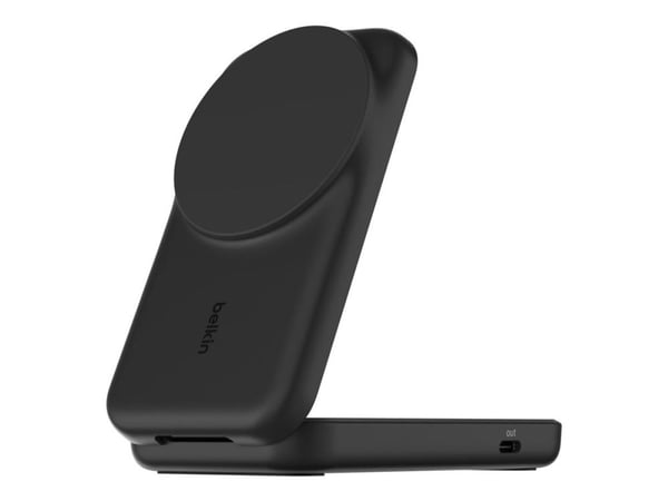Belkin UltraCharge - Trådløst ladestativ - 2-i-1, Qi2, magnetisk, sammenleggbar + AC-strømadapter - 25 watt - Ultra Fast Charge (USB-C) - svart
