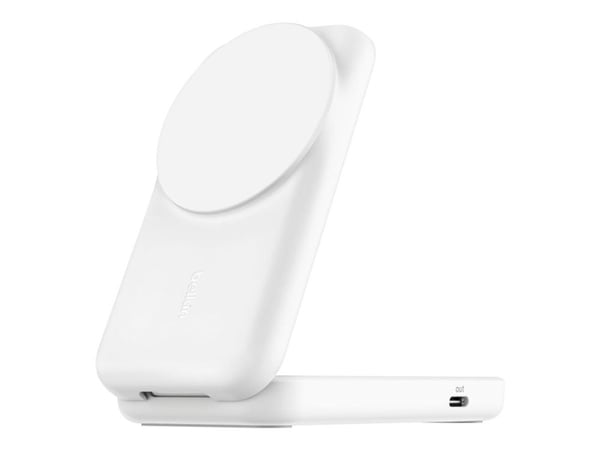 Belkin UltraCharge - Trådlöst laddställ - 2-i-1, Qi2, magnetisk, vikbar + växelströmsadapter - 25 Watt - Ultra Fast Charge (USB-C) - vit