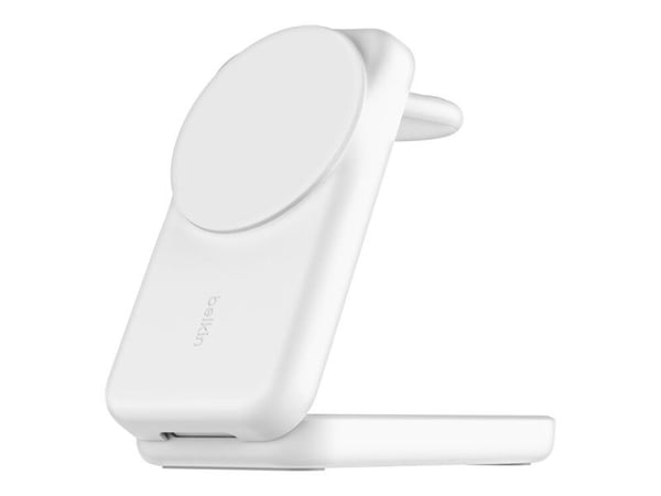 Belkin UltraCharge - Trådløst ladestativ - 3-i-1, magnetisk, sammenleggbar, med Qi2 + AC-strømadapter - 25 watt - Ultra Fast Charge - MFI-sertifise...