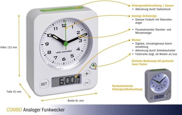 TFA Dostmann 60.1511.02 Radiohälytyskello Valkoinen fluoresoiva näyttö