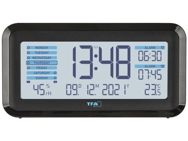 TFA Dostmann 60.2562.01.GB Radiohälytyskello Musta, vaaleansininen Hälytysajat 2 Suuri näyttö