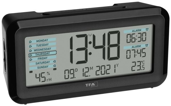 TFA Dostmann 60.2562.01.GB Radiohälytyskello Musta, vaaleansininen Hälytysajat 2 Suuri näyttö