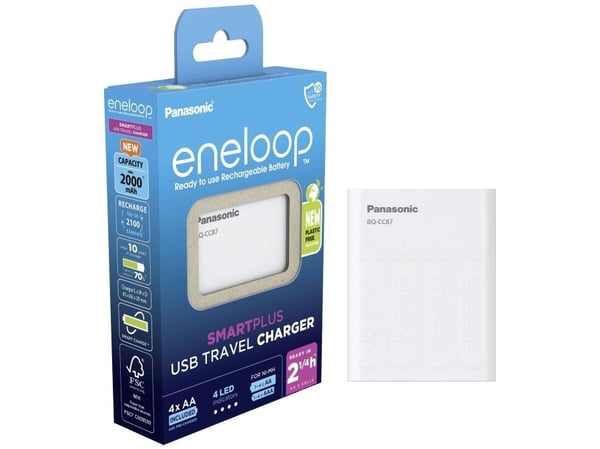 Panasonic eneloop Smart &amp; Quick BQ-CC87 - 2,25-6 h akun latauslaite - (1 - 4 AA/AAA) 4 x AA-tyyppi - NiMH - 2100 mAh (USB)