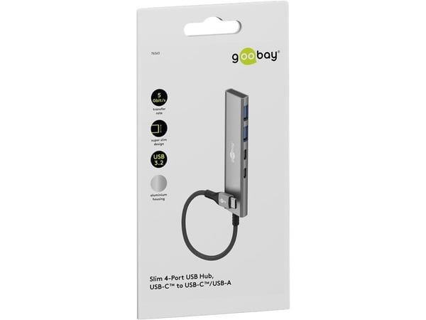 Goobay 76563, USB Type-C, USB 3.2 Gen 1 (3.1 Gen 1) Type-A, USB 3.2 Gen 1 (3.1 Gen 1) Type-C, 5000 Mbit/s, Grå, Aluminium, Plast, 0,115 m