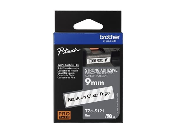 Brother TZe-S121 - Ekstra sterk adhesiv - svart på blank - Rull (0,9 cm x 8 m) 1 kassett(er) laminert teip - for Brother PT-D210, D600, H110; P-Tou...