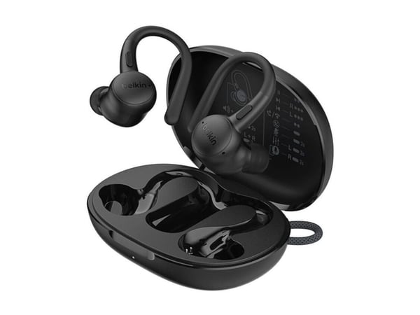 Belkin SoundForm ActiveFit - True wireless-hodetelefoner med mikrofon - ørepropp - over-øret-montering - Bluetooth - svart