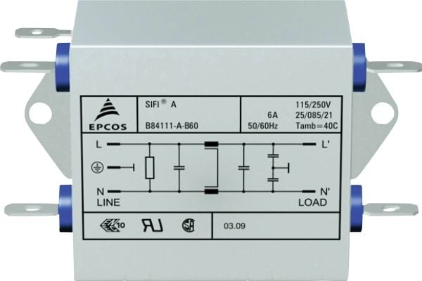 TDK B84111AB60 Bullerfilter flamskyddad 250 V/AC 6 A 1,8 mH (L x B x H) 45 x 76,5 x 28,6 mm 1 st
