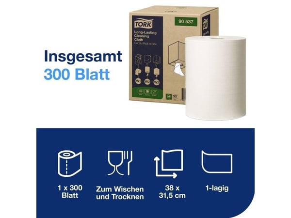 Aftørringsklud Tork Alt-i-en W1-W3 hvid 1-lags 114m