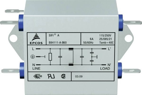 TDK B84111AB120 Bullerfilter flamskyddad 250 V/AC 20 A 0,47 mH (L x B x H) 63,5 x 77 x 38,1 mm 1 st