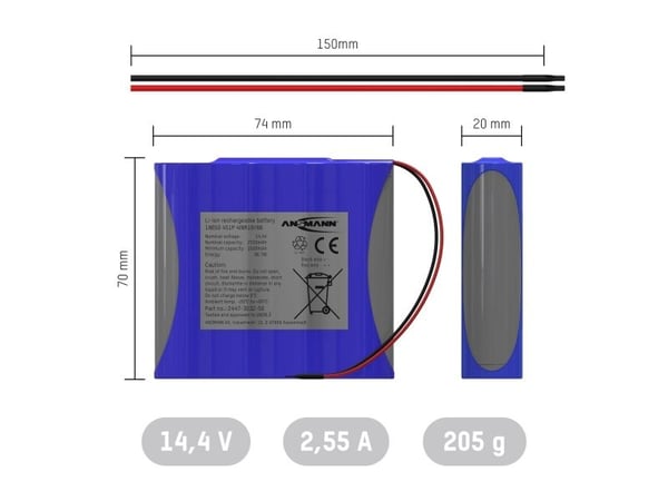 Ansmann 4S1P batteripaket Cellantal: 4 Batteristorlek: 18650 Kabel Litium 14,4 V 2550 mAh