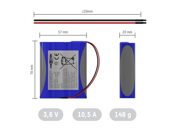 Ansmann 1S3P Akkupaketti Kennojen lukumäärä: 3 Akun koko: 18650 Kaapeli Lithium 3.6 V 10500 mAh