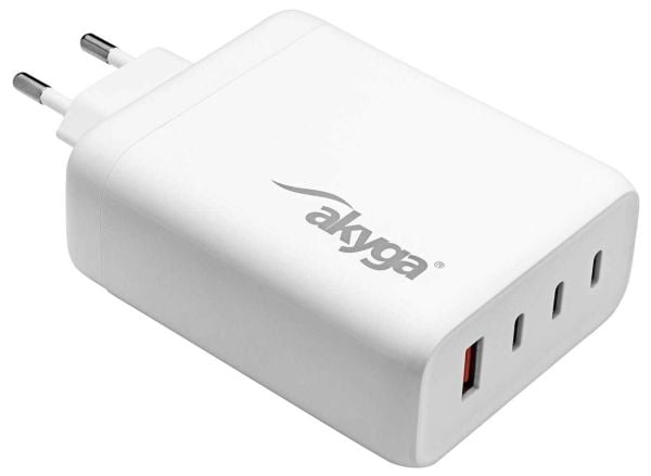 Akyga AK-CH-24 - Strømadapter - 140 watt - 5 A - PD 3.0, QC 3.0, GaNFast - 4 utgangskontakter (USB, USB-C) - hvit