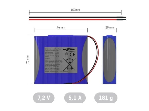 Ansmann 2S2P batteripaket Cellantal: 4 Batteristorlek: 18650 Kabel Litium 7,2 V 5100 mAh