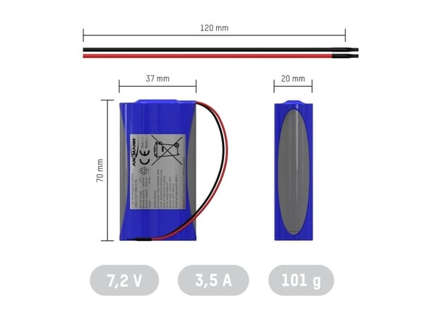 Ansmann 2S1P batteripaket Cellantal: 2 Batteristorlek: 18650 Kabel Litium 7,2 V 3500 mAh