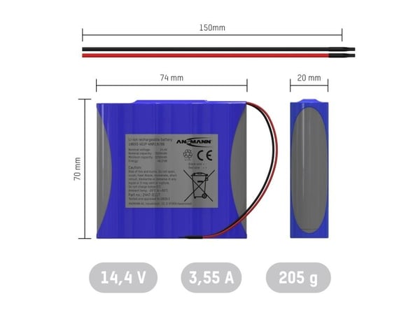 Ansmann 4S1P batteripaket Cellantal: 4 Batteristorlek: 18650 Kabel Litium 14,4 V 3350 mAh