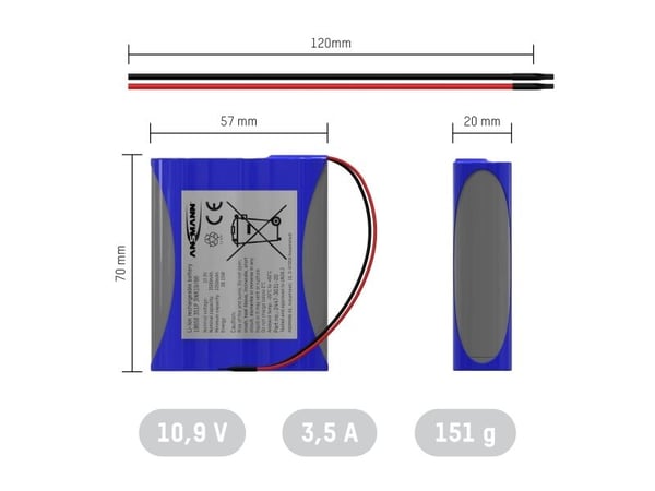 Ansmann 3S1P batteripaket Cellantal: 3 Batteristorlek: 18650 Kabel Litium 10,8 V 3500 mAh