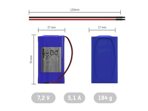 Ansmann 2S2P batteripaket Cellantal: 4 Batteristorlek: 18650 Kabel Litium 7,2 V 5100 mAh