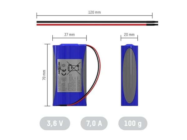 Ansmann 1S2P akkupaketti Kennojen lukumäärä: 2 Akun koko: 18650 Kaapeli Lithium 3.6 V 7000 mAh