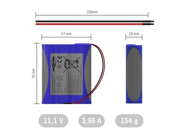 Ansmann 3S1P batteripaket Cellantal: 3 Batteristorlek: 18650 Kabel Litium 10,8 V 3350 mAh