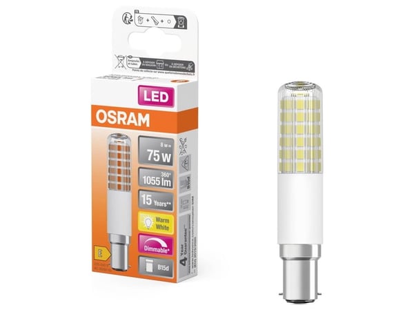OSRAM LED SLIM - LED-lyspære - klar finish - B15d - 8 W (ekvivalent 75 W) - klasse E - varmt hvitt lys - 2700 K