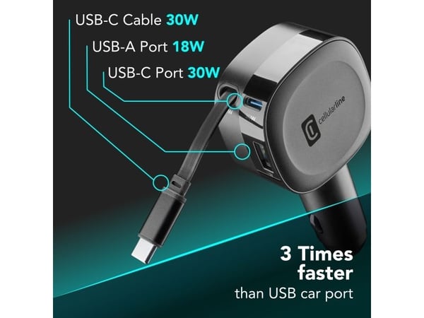 Cellularline Retractable Car Charger, Automatisk, Cigartenner/lighter, 0,7 m, Svart