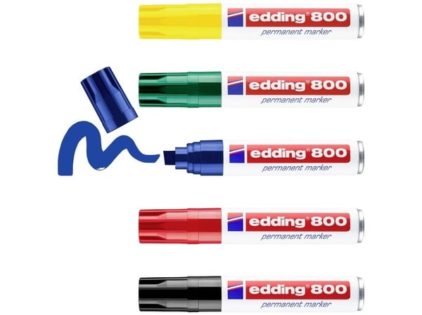 Edding 800, Svart, Blå, Grön, Röd, Gul, Mejselspets, Aluminium, 4 mm, 1,2 cm, Kartong, Glas, Läder, Metall, Papper, Plast, Trä