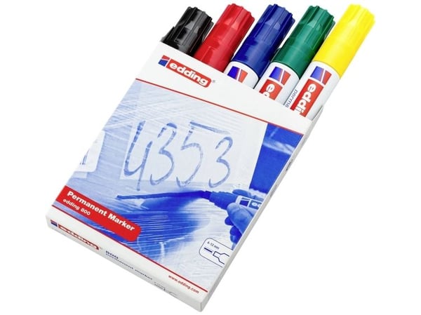 Edding 800, Svart, Blå, Grön, Röd, Gul, Mejselspets, Aluminium, 4 mm, 1,2 cm, Kartong, Glas, Läder, Metall, Papper, Plast, Trä