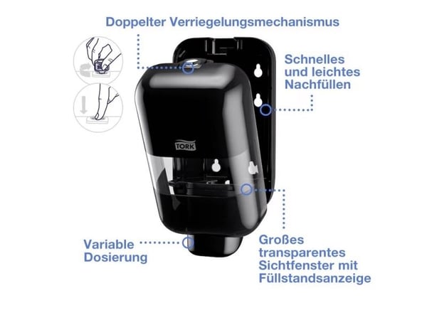 Dispenser Tork Mini S5 for såpe og desinfeksjon, svart
