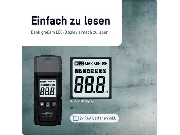 ANSMANN kosteusmittari, musta elektroninen kosteusmittari, kosteuden mittaus - 1 kpl (1900-0116)