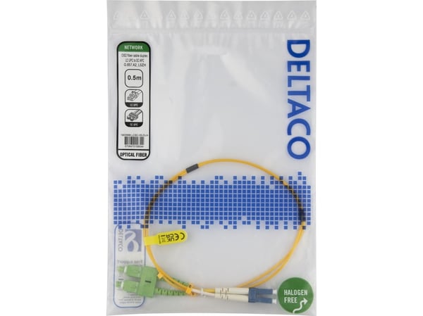 DELTACO - Koblingskabel - LC/UPC (hann) til SC/APC (hann) - 50 cm - 0.5 m - fiberoptisk - dupleks - OS2 - halogenfri, toretnings - gul