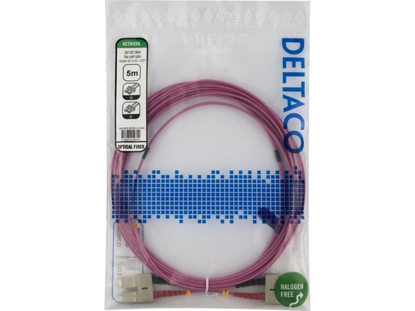 DELTACO - Nettverkskabel - SC/UPC-multimodus (hann) til SC/UPC-multimodus (hann) - 5 m - 5 m - fiberoptisk - dupleks - OM4 - halogenfri - rosa