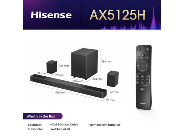 Hisense AX5125H, 5.1.2 kanavaa, 500 W, Dolby Audio, Elokuva, Musiikki, Urheilu, TV, 80 W, 200 W