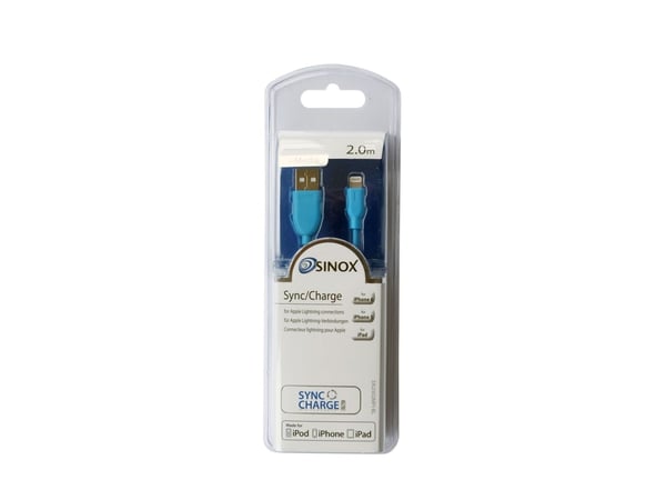 Sinox SXI2502MFI-BL, 2 m, Lightning, USB A, Hankjønn, Hankjønn, Blå